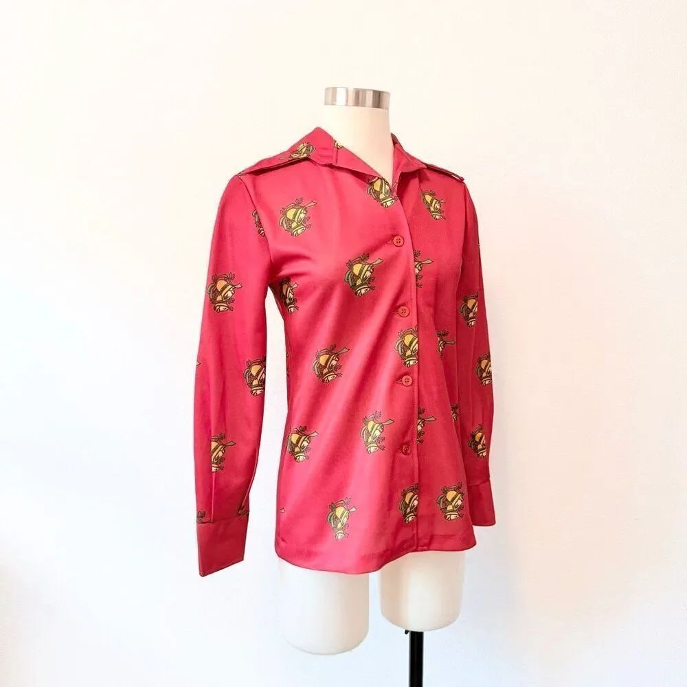 Vintage 1970s Christmas Bell Red Button Down Dagger Top Shirt M Poly